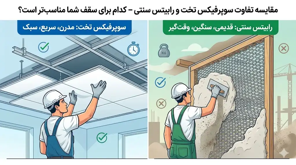 تفاوت سوپرفیکس تخت و رابیتس سنتی – کدام برای سقف شما مناسب‌تر است؟