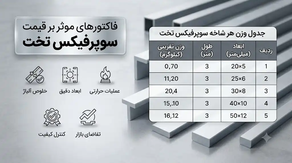 فاکتورهای مؤثر بر قیمت سوپرفیکس تخت + جدول وزن هر شاخه در ابعاد مختلف