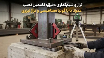 گونیا مغناطیسی، تراز لیزری و شیم‌گذاری برای نصب کاملاً عمود و تراز