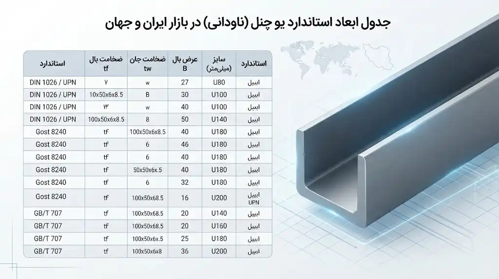 جدول ابعاد استاندارد یو چنل در بازار ایران و جهان؛ راهنمای انتخاب سایز و ضخامت